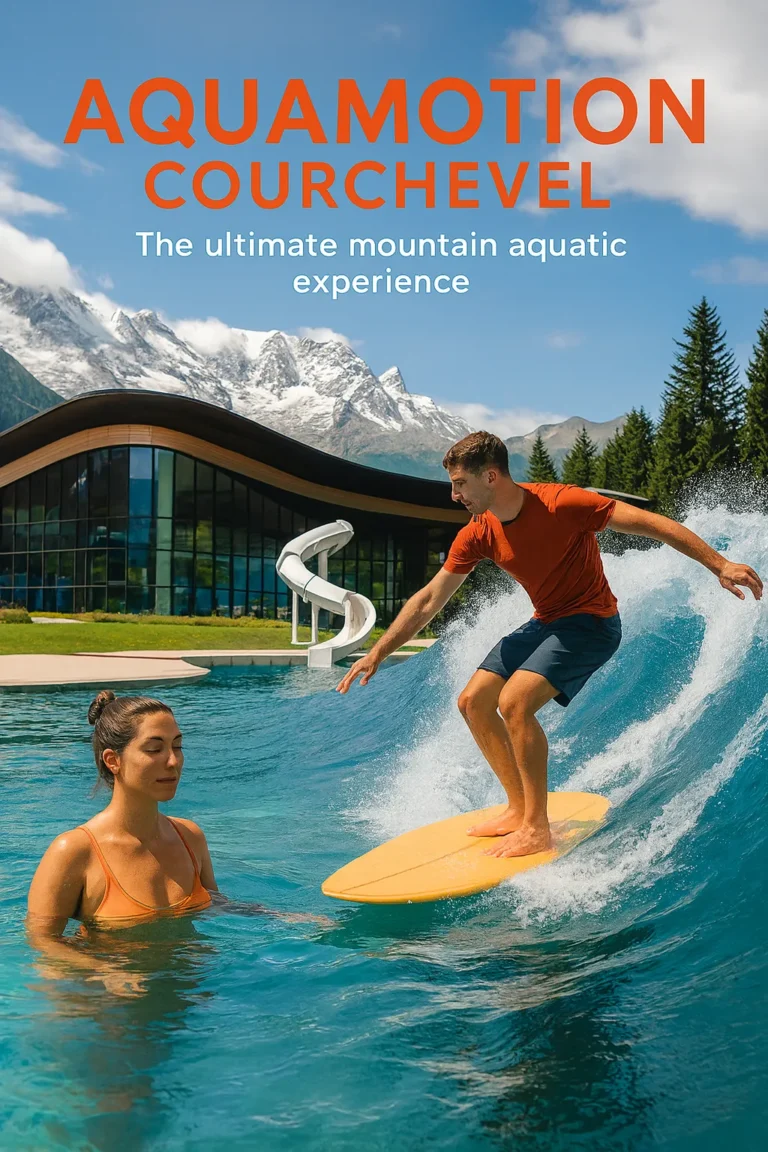 A modern digital illustration of Aquamotion Courchevel showing a surfer riding an artificial wave next to a woman relaxing in turquoise pool water, with the sleek Aquamotion building and snow-covered mountains in the background.