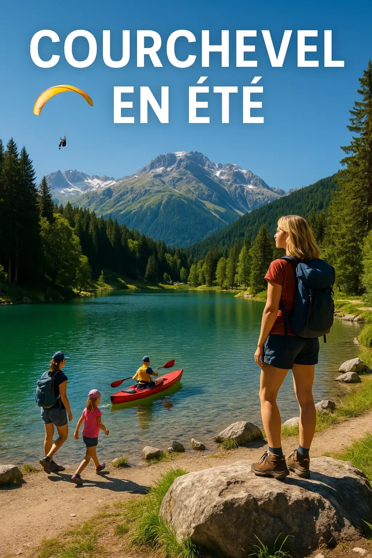 A realistic summer scene in Courchevel showing a turquoise alpine lake surrounded by pine forests and snow-capped peaks, with hikers on the shore, a family kayaking, and a paraglider flying above under a bright blue sky.