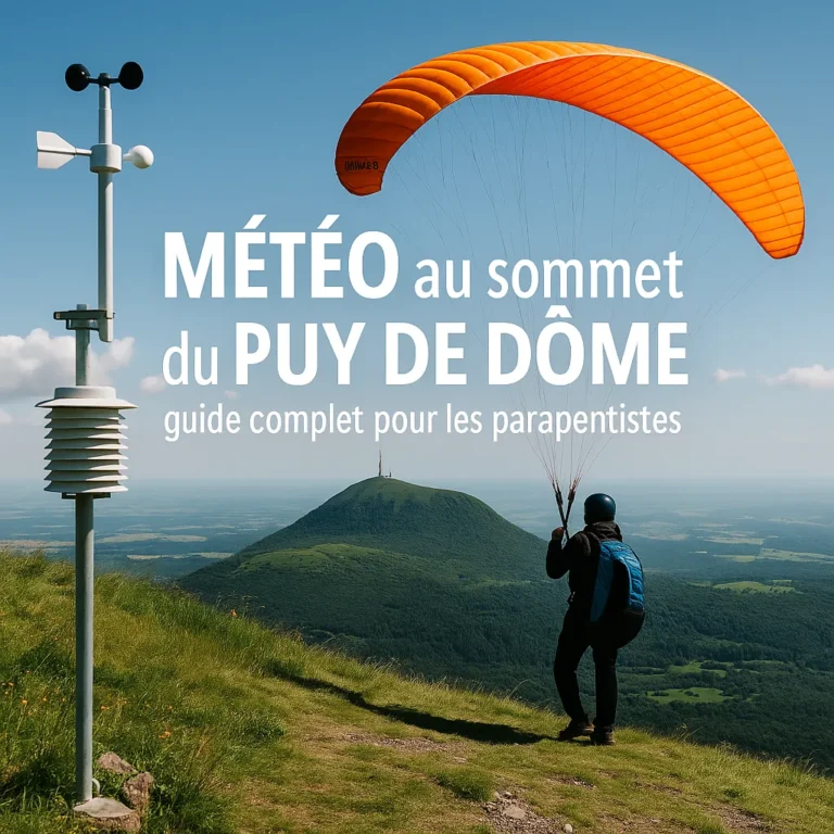 A paraglider with an orange wing prepares to take off from the summit of Puy de Dôme in Auvergne, France, with a weather station in the foreground and panoramic mountain views.