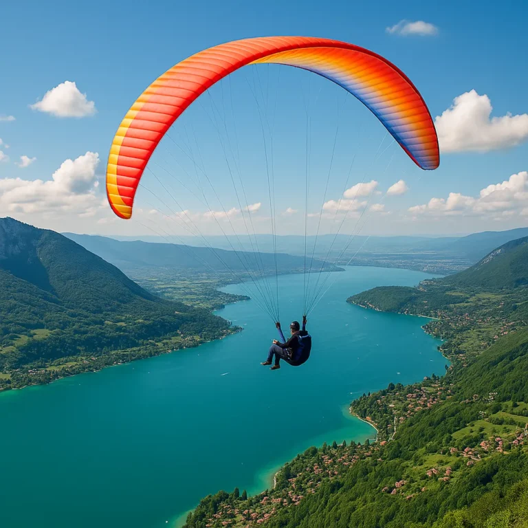 A paraglider with a multicolored wing soars above Lake Annecy in Haute-Savoie, France, with turquoise waters, green hills, and the Alps in the background under a bright blue sky.