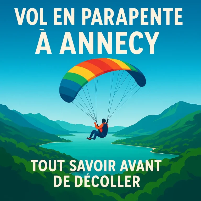 A colorful flat-style illustration of a paraglider soaring above Lake Annecy with rainbow wings, surrounded by green mountains and a blue sky, with bold French text reading “Vol en Parapente à Annecy – Tout savoir avant de décoller.”