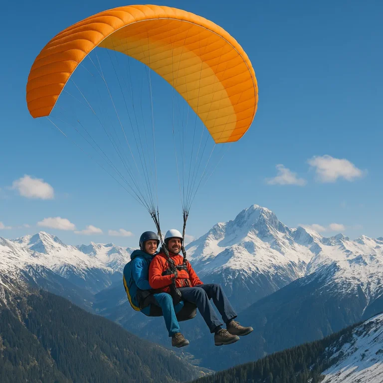 Des parapentes biplaces survolent les Alpes françaises enneigées sous une voilure orange vif par une journée bleue et limpide.