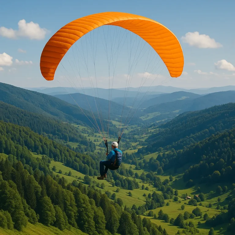 Parapente solo volant au-dessus des vallées verdoyantes et des collines boisées des Vosges avec une aile orange vif.