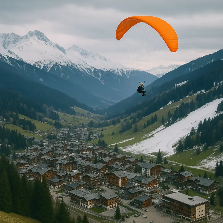 Un parapente avec une voile orange survolant Courchevel avec des toits enneigés et des montagnes alpines sous un ciel nuageux.